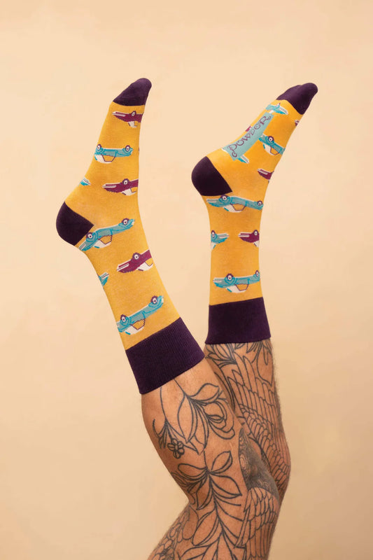Powder Vintage Sports Car Men's Socks - Mustard